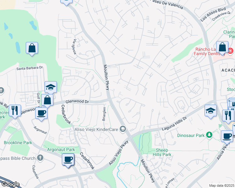 map of restaurants, bars, coffee shops, grocery stores, and more near 7 Clear Creek Lane in Laguna Hills
