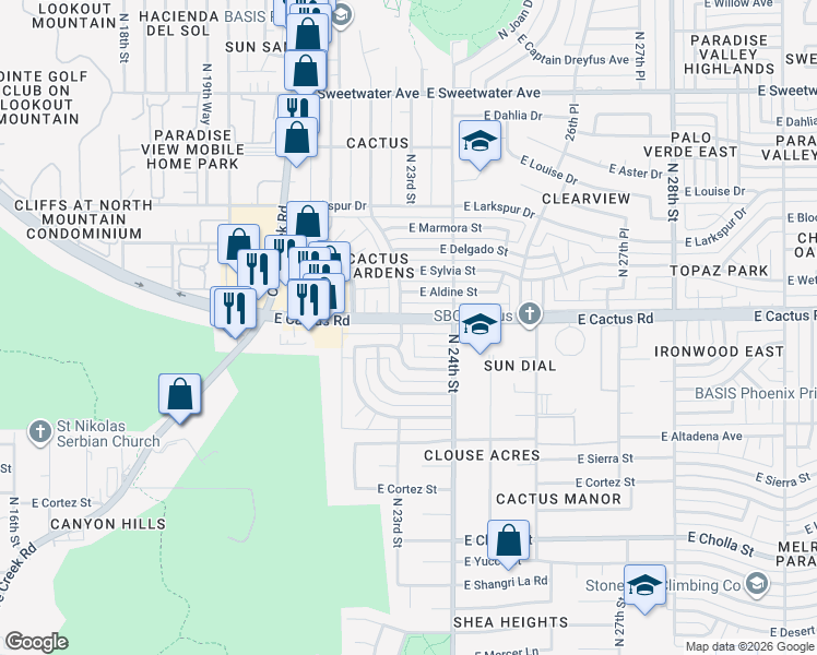map of restaurants, bars, coffee shops, grocery stores, and more near 2305 East Cactus Road in Phoenix