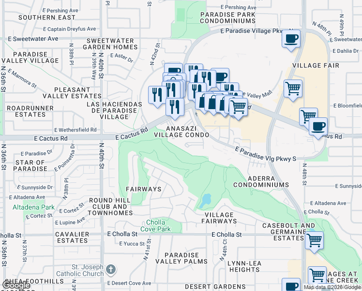 map of restaurants, bars, coffee shops, grocery stores, and more near 12212 North Paradise Village Parkway West in Phoenix