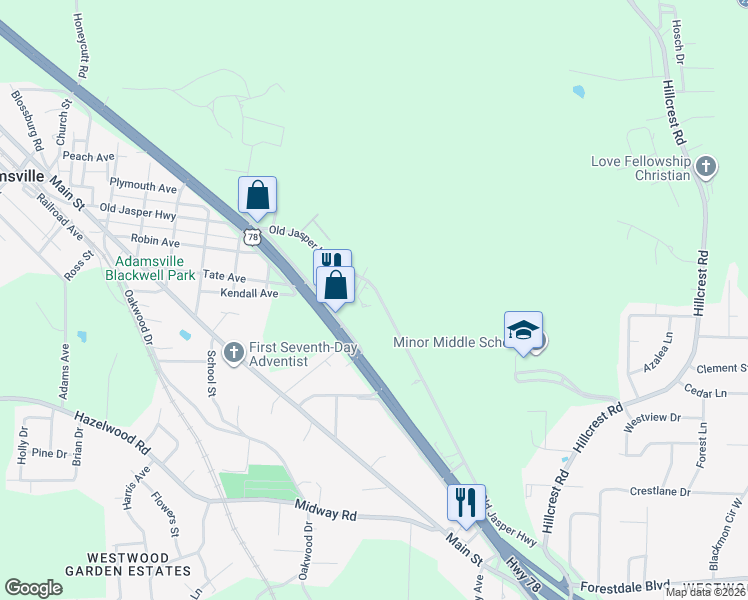 map of restaurants, bars, coffee shops, grocery stores, and more near 3925 Old Jasper Hwy in Adamsville