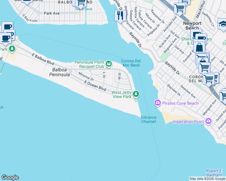 map of restaurants, bars, coffee shops, grocery stores, and more near 2050 East Ocean Boulevard in Newport Beach