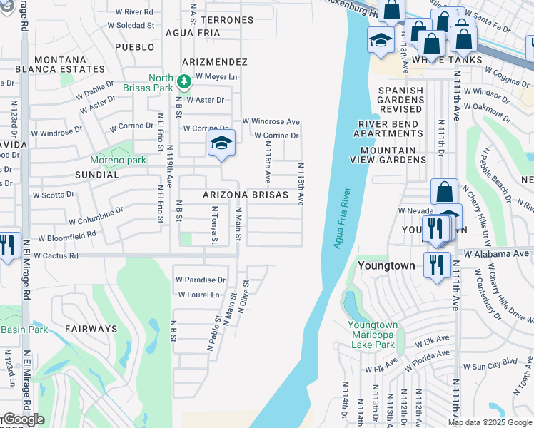 map of restaurants, bars, coffee shops, grocery stores, and more near 11533 West Columbine Drive in El Mirage