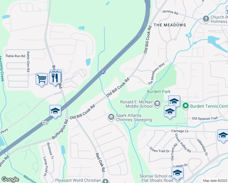 map of restaurants, bars, coffee shops, grocery stores, and more near 5835 Old Bill Cook Road in Atlanta