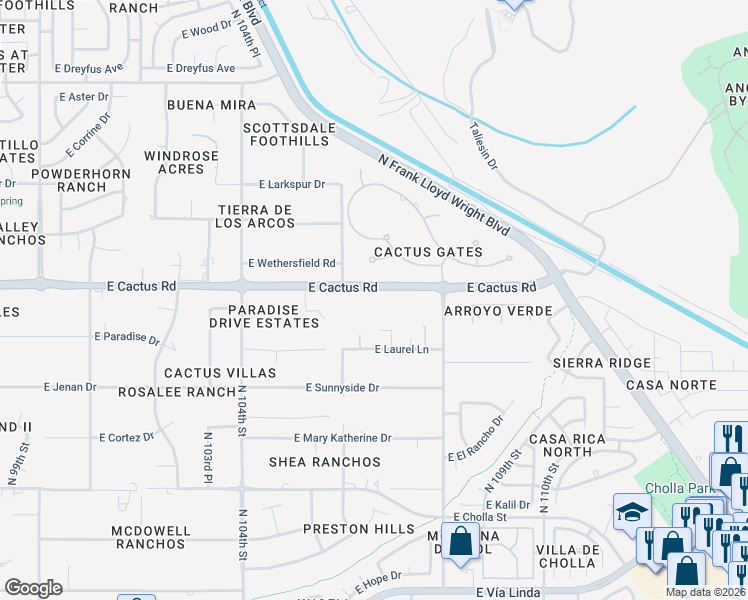 map of restaurants, bars, coffee shops, grocery stores, and more near 10705 East Cactus Road in Scottsdale