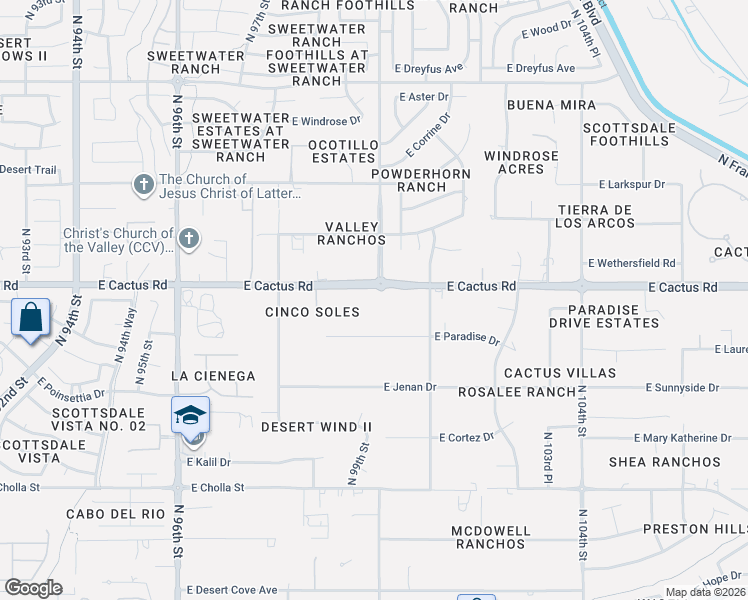map of restaurants, bars, coffee shops, grocery stores, and more near 9995 East Cactus Road in Scottsdale