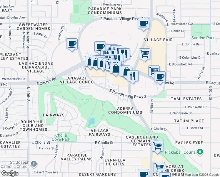 map of restaurants, bars, coffee shops, grocery stores, and more near 4502 North Paradise Village Parkway South in Phoenix