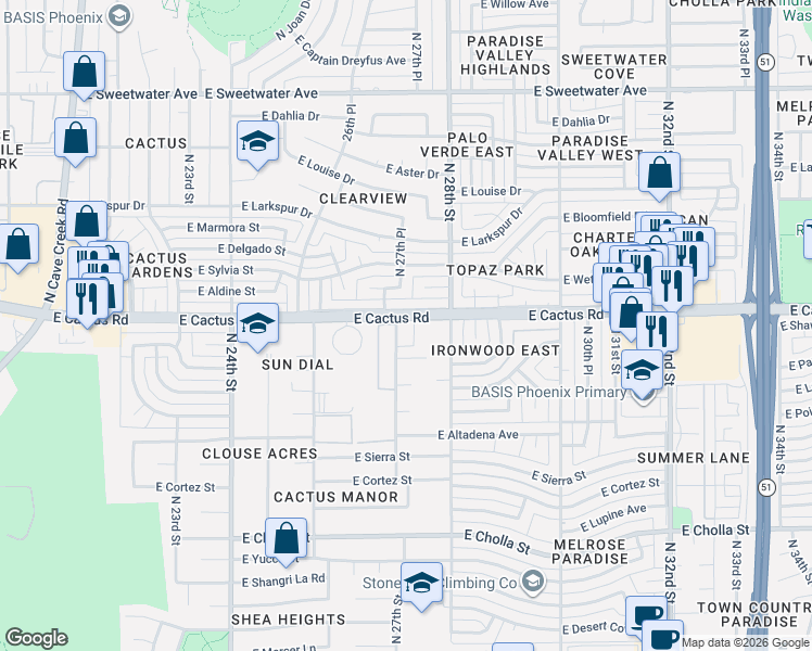 map of restaurants, bars, coffee shops, grocery stores, and more near 2732 East Cactus Road in Phoenix