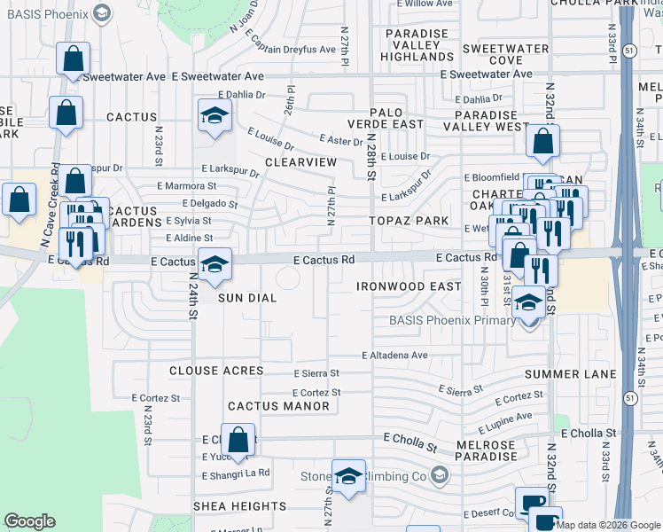 map of restaurants, bars, coffee shops, grocery stores, and more near 2650 East Cactus Road in Phoenix