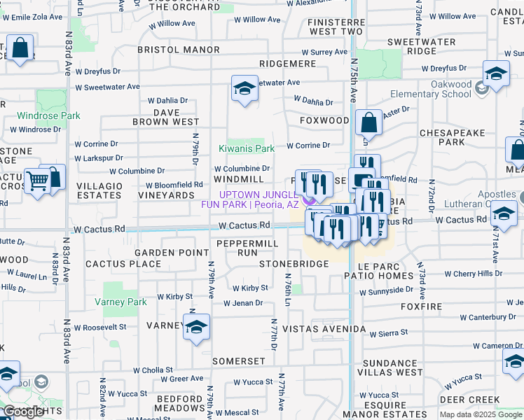map of restaurants, bars, coffee shops, grocery stores, and more near 12330 North 77th Drive in Peoria