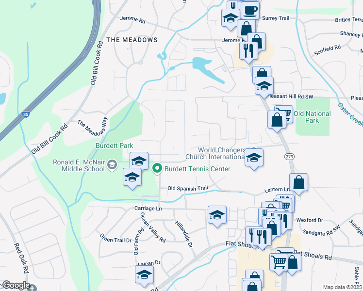 map of restaurants, bars, coffee shops, grocery stores, and more near 5845 Hampton Court in Atlanta