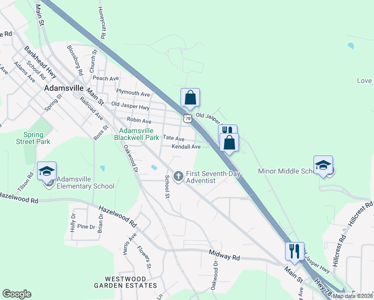 map of restaurants, bars, coffee shops, grocery stores, and more near 4224 Kendall Avenue in Adamsville
