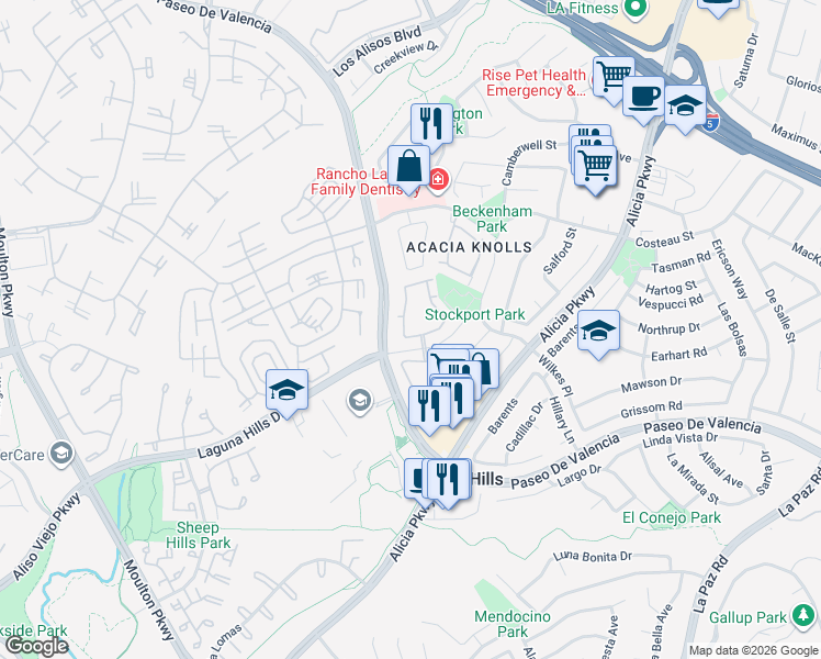 map of restaurants, bars, coffee shops, grocery stores, and more near 25211 Stockport Street in Laguna Hills