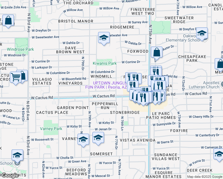 map of restaurants, bars, coffee shops, grocery stores, and more near 12330 North 77th Drive in Peoria