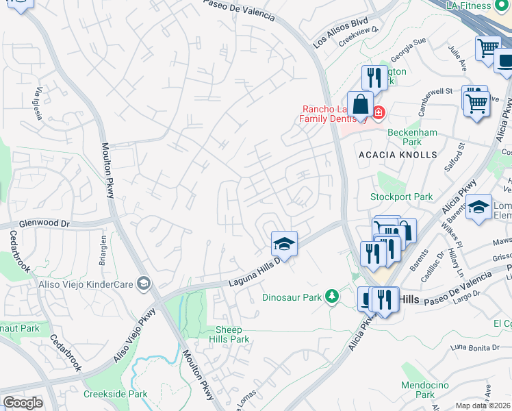 map of restaurants, bars, coffee shops, grocery stores, and more near 881 Via Mendoza in Laguna Woods