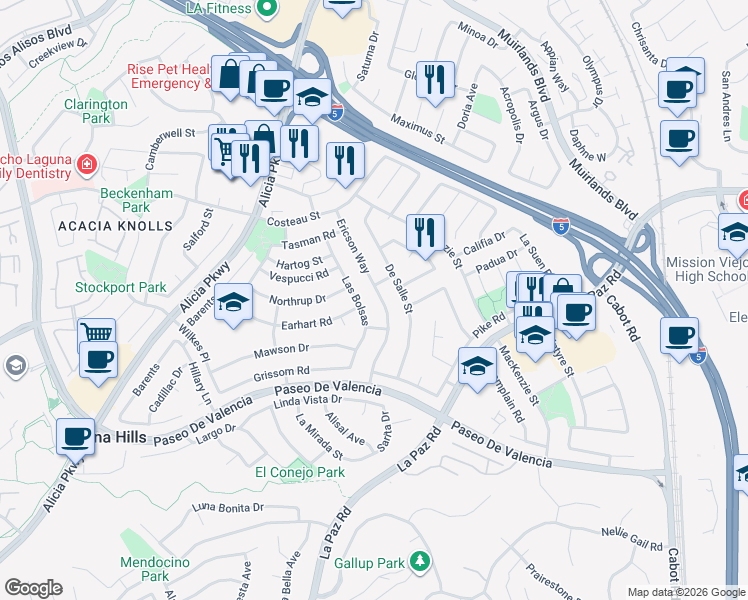 map of restaurants, bars, coffee shops, grocery stores, and more near 25191 Ericson Way in Laguna Hills