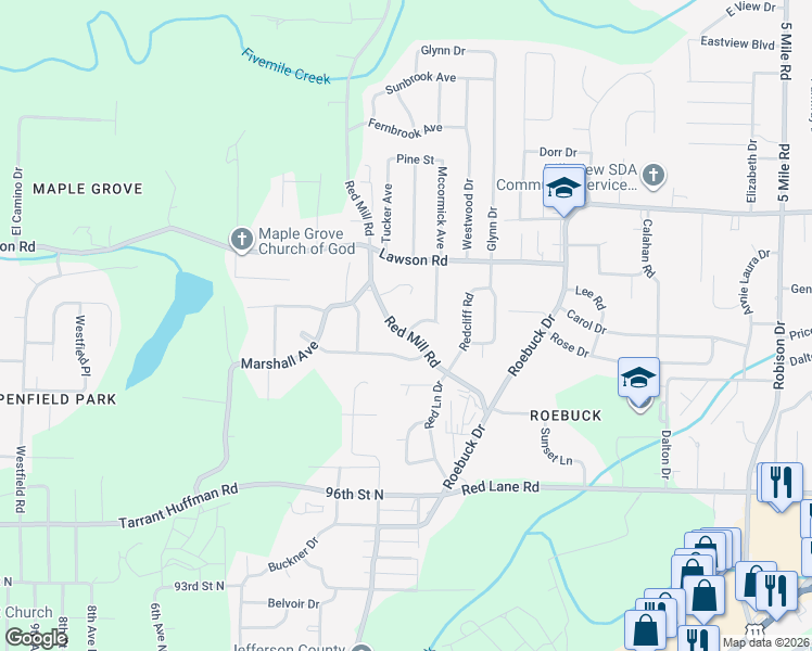 map of restaurants, bars, coffee shops, grocery stores, and more near 416 Hearn Circle in Birmingham