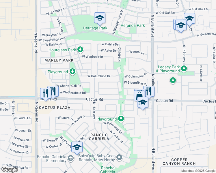 map of restaurants, bars, coffee shops, grocery stores, and more near 15009 West Bloomfield Road in Surprise