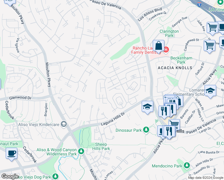 map of restaurants, bars, coffee shops, grocery stores, and more near 881 Via Mendoza in Laguna Woods