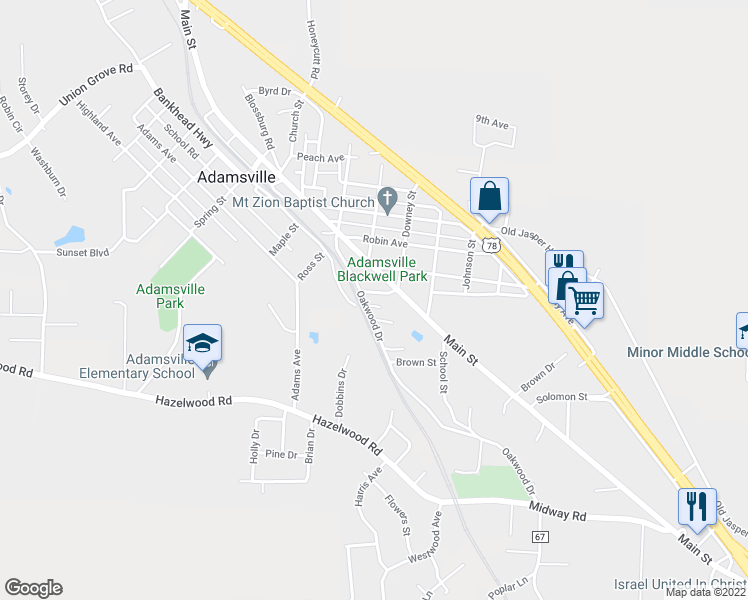 map of restaurants, bars, coffee shops, grocery stores, and more near 25 Kendall Avenue in Adamsville