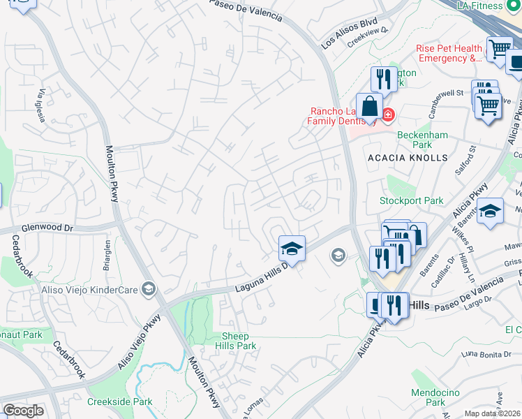 map of restaurants, bars, coffee shops, grocery stores, and more near 878 Via Mendoza in Laguna Woods