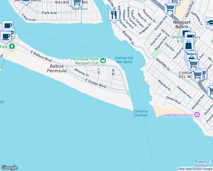 map of restaurants, bars, coffee shops, grocery stores, and more near 2044 East Ocean Boulevard in Newport Beach