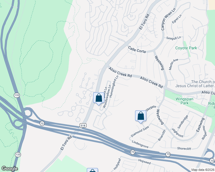 map of restaurants, bars, coffee shops, grocery stores, and more near 8 Songbird Lane in Aliso Viejo
