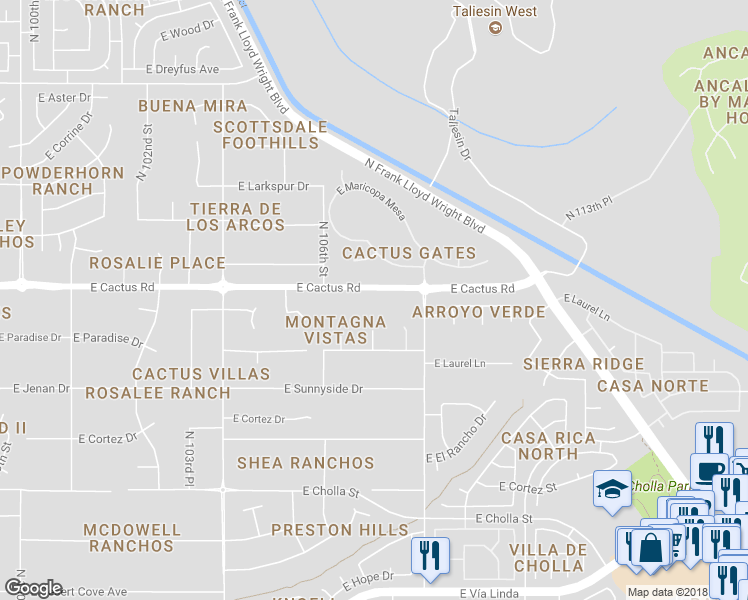 map of restaurants, bars, coffee shops, grocery stores, and more near 10705 East Cactus Road in Scottsdale