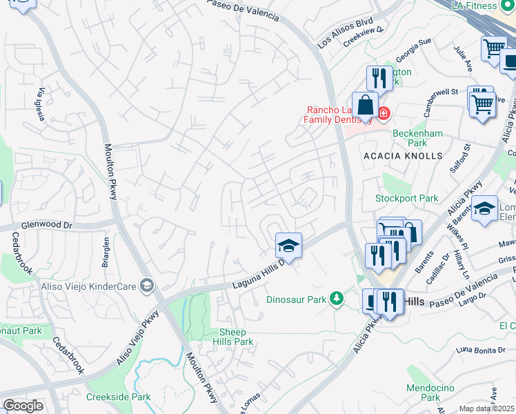 map of restaurants, bars, coffee shops, grocery stores, and more near 881 Via Mendoza in Laguna Woods