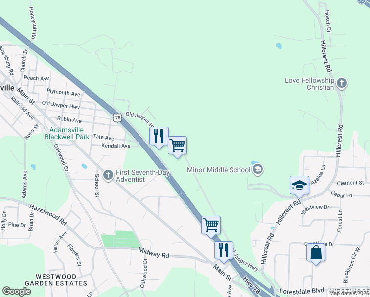 map of restaurants, bars, coffee shops, grocery stores, and more near 3925 Old Jasper Highway in Adamsville