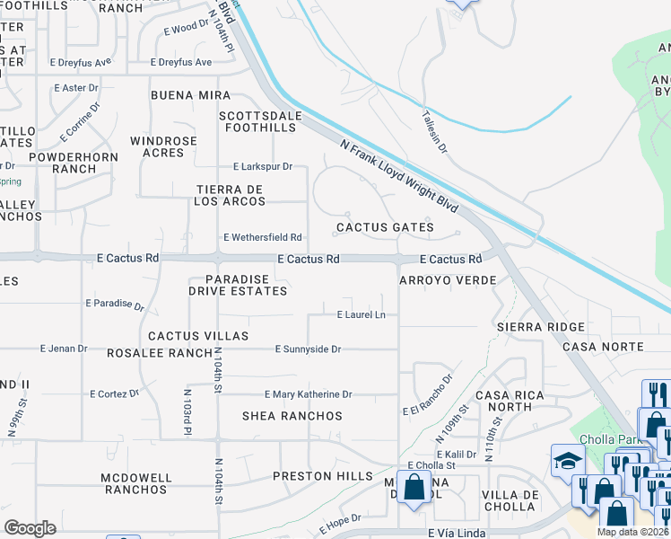 map of restaurants, bars, coffee shops, grocery stores, and more near 10705 East Cactus Road in Scottsdale