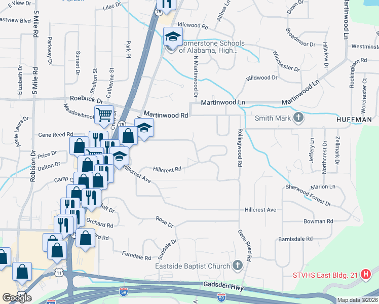 map of restaurants, bars, coffee shops, grocery stores, and more near 764 Gene Reed Road in Birmingham