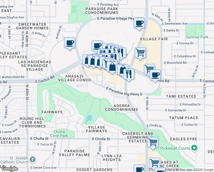 map of restaurants, bars, coffee shops, grocery stores, and more near 4502 North Paradise Village Parkway South in Phoenix