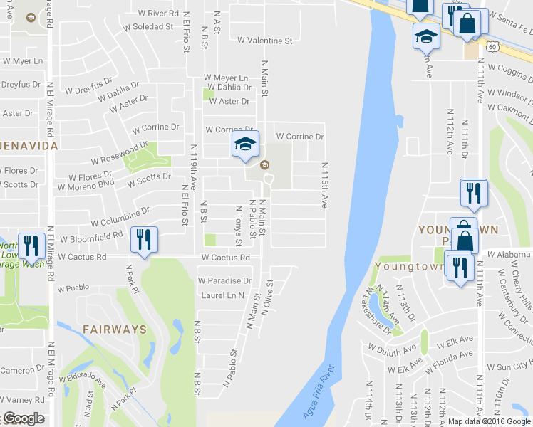 map of restaurants, bars, coffee shops, grocery stores, and more near 11625 West Columbine Drive in El Mirage