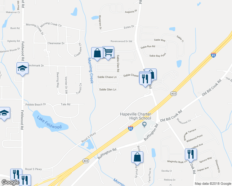 map of restaurants, bars, coffee shops, grocery stores, and more near 3503 Sable Glen Lane in Atlanta