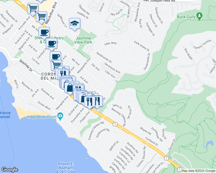 map of restaurants, bars, coffee shops, grocery stores, and more near 701 Poppy Avenue in Newport Beach