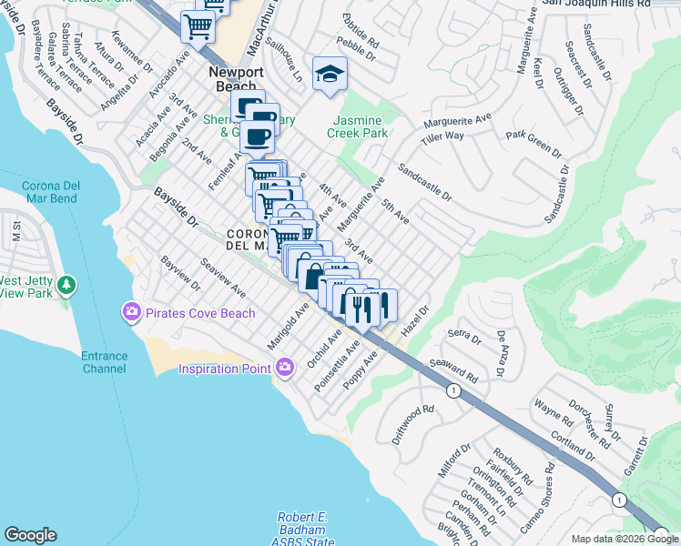 map of restaurants, bars, coffee shops, grocery stores, and more near 430 Marigold Avenue in Newport Beach