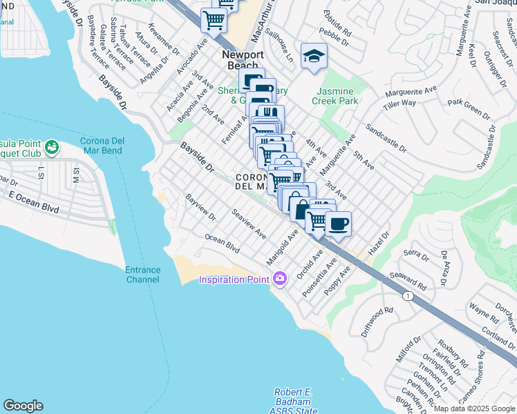 map of restaurants, bars, coffee shops, grocery stores, and more near 325 Jasmine Avenue in Newport Beach