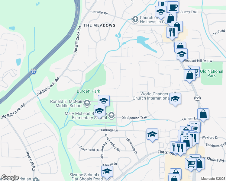 map of restaurants, bars, coffee shops, grocery stores, and more near 5800 Old Carriage Drive in College Park
