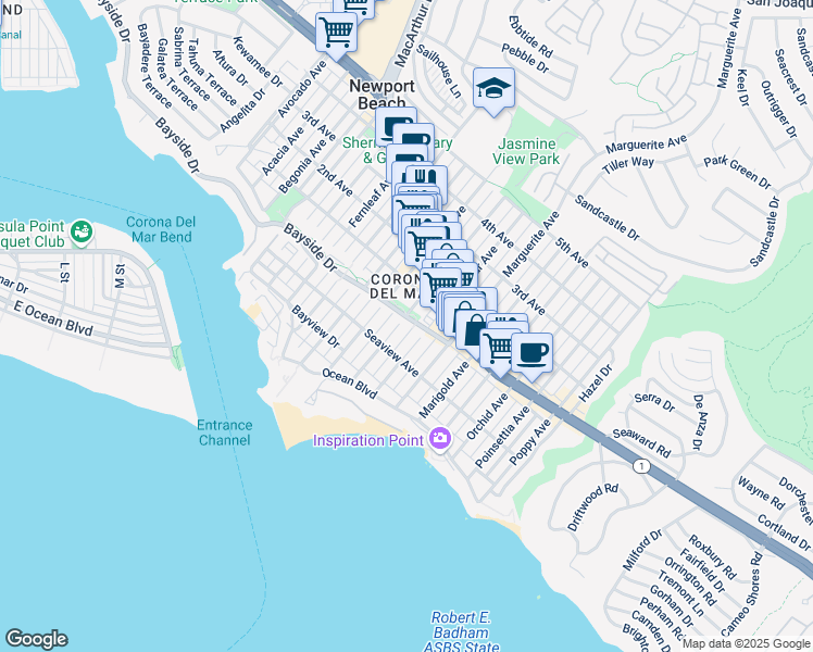 map of restaurants, bars, coffee shops, grocery stores, and more near 322 Jasmine Avenue in Newport Beach