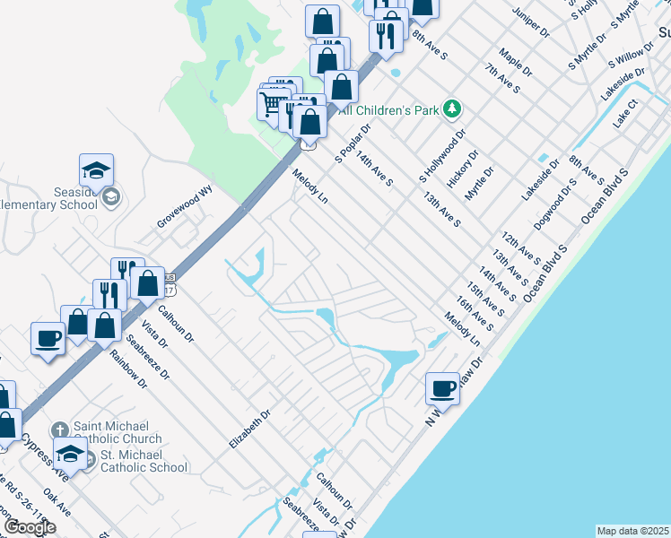 map of restaurants, bars, coffee shops, grocery stores, and more near 458 Sandpebble in Myrtle Beach