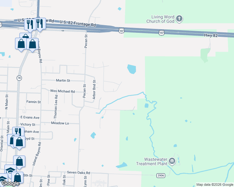 map of restaurants, bars, coffee shops, grocery stores, and more near 1308 Pioneer Trail in Bonham