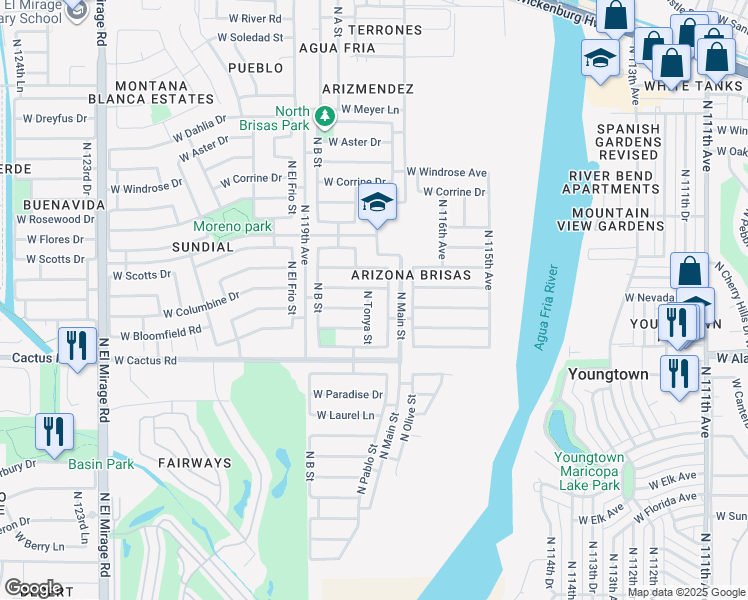 map of restaurants, bars, coffee shops, grocery stores, and more near 12467 North Tonya Street in El Mirage
