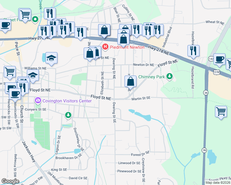 map of restaurants, bars, coffee shops, grocery stores, and more near 4133 Francis Street Northeast in Covington