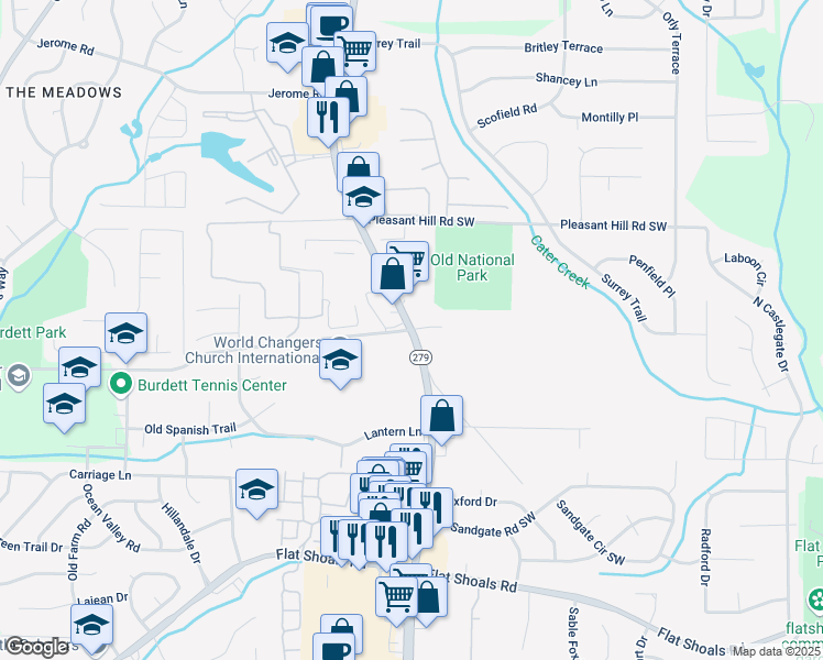 map of restaurants, bars, coffee shops, grocery stores, and more near Old National Highway & Burdett Road in Atlanta