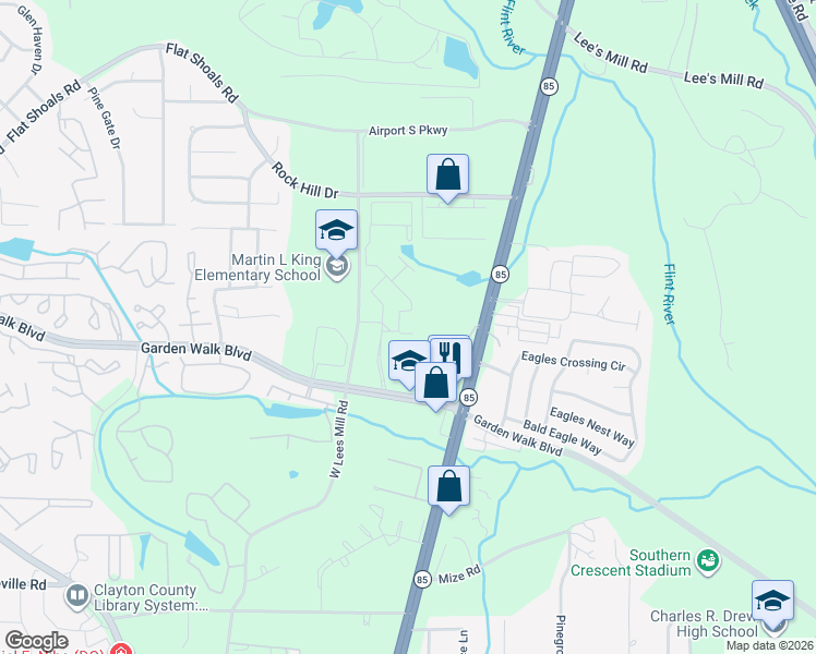 map of restaurants, bars, coffee shops, grocery stores, and more near 5781 Highway 85 in Riverdale