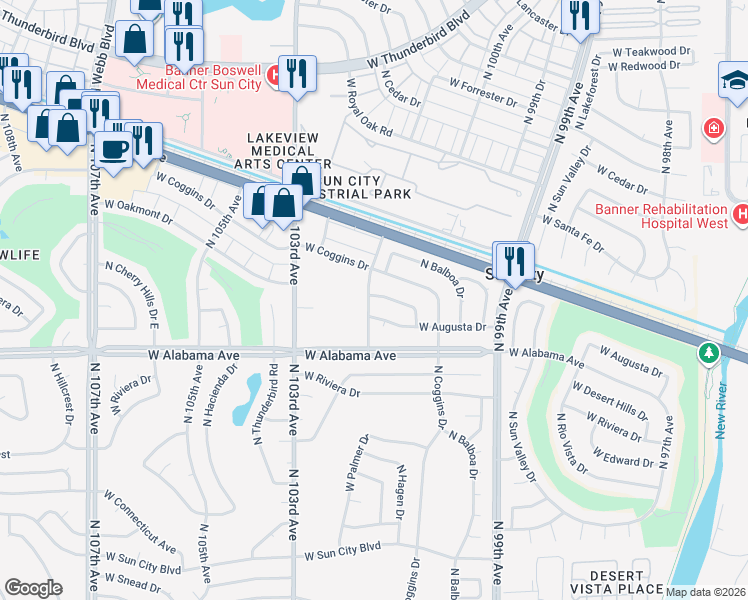 map of restaurants, bars, coffee shops, grocery stores, and more near 10048 West Oakmont Drive in Sun City