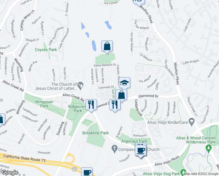 map of restaurants, bars, coffee shops, grocery stores, and more near 179 Playa Circle in Aliso Viejo