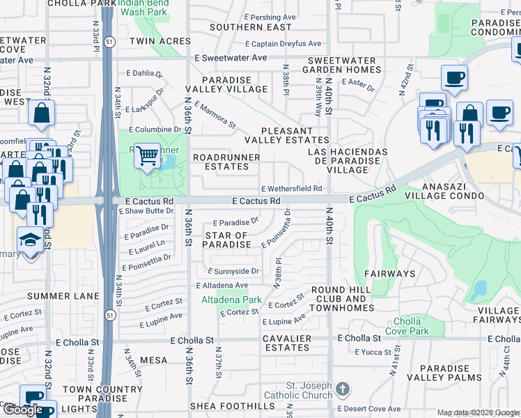 map of restaurants, bars, coffee shops, grocery stores, and more near East Shaw Butte Drive in Phoenix
