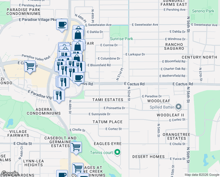 map of restaurants, bars, coffee shops, grocery stores, and more near 5039 East Cactus Road in Scottsdale