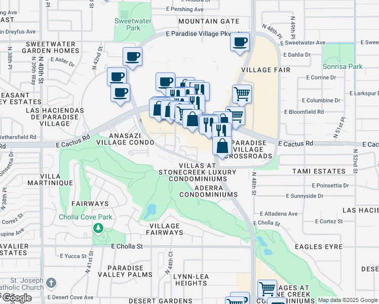 map of restaurants, bars, coffee shops, grocery stores, and more near 4502 North Paradise Village Parkway South in Phoenix
